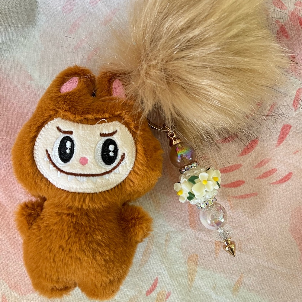 Cute Brown Plush Keychain with Pom Pom